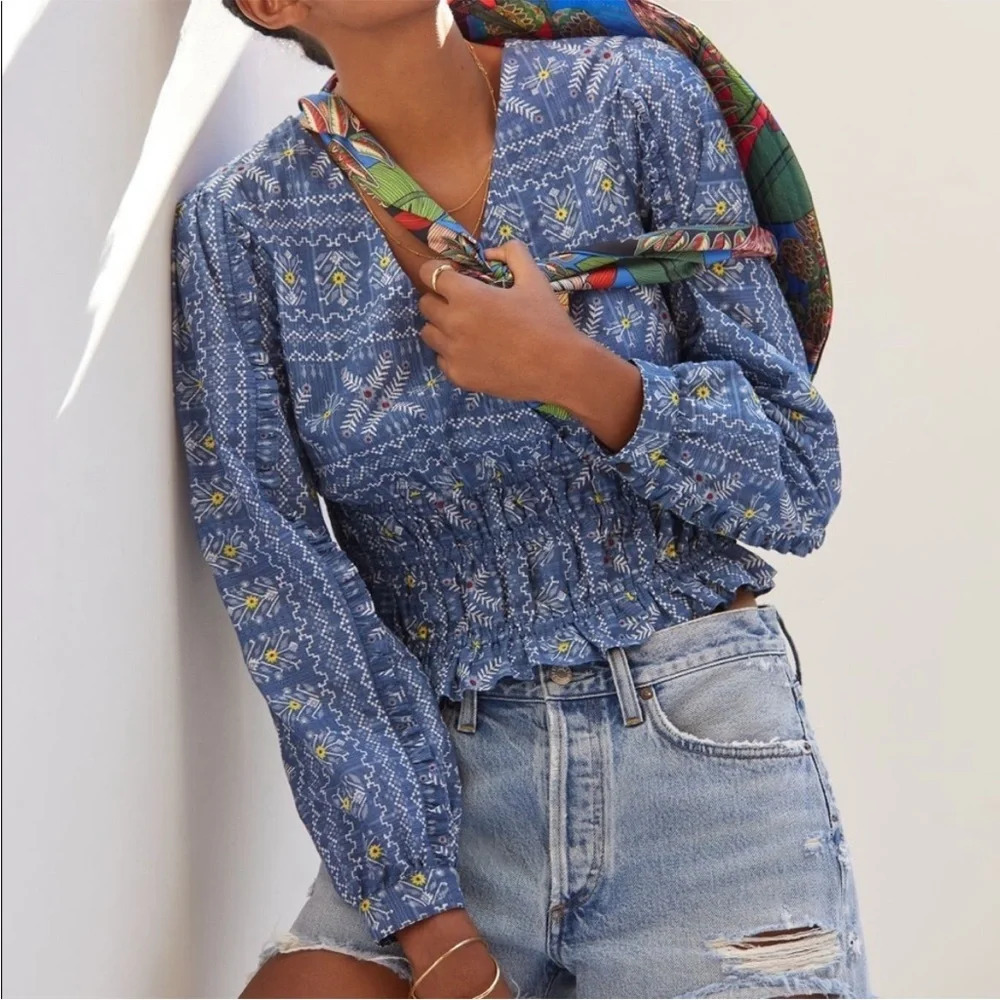 Anthropologie Forever That Girl Blue Embroidered Smocked Blouse Top Medium